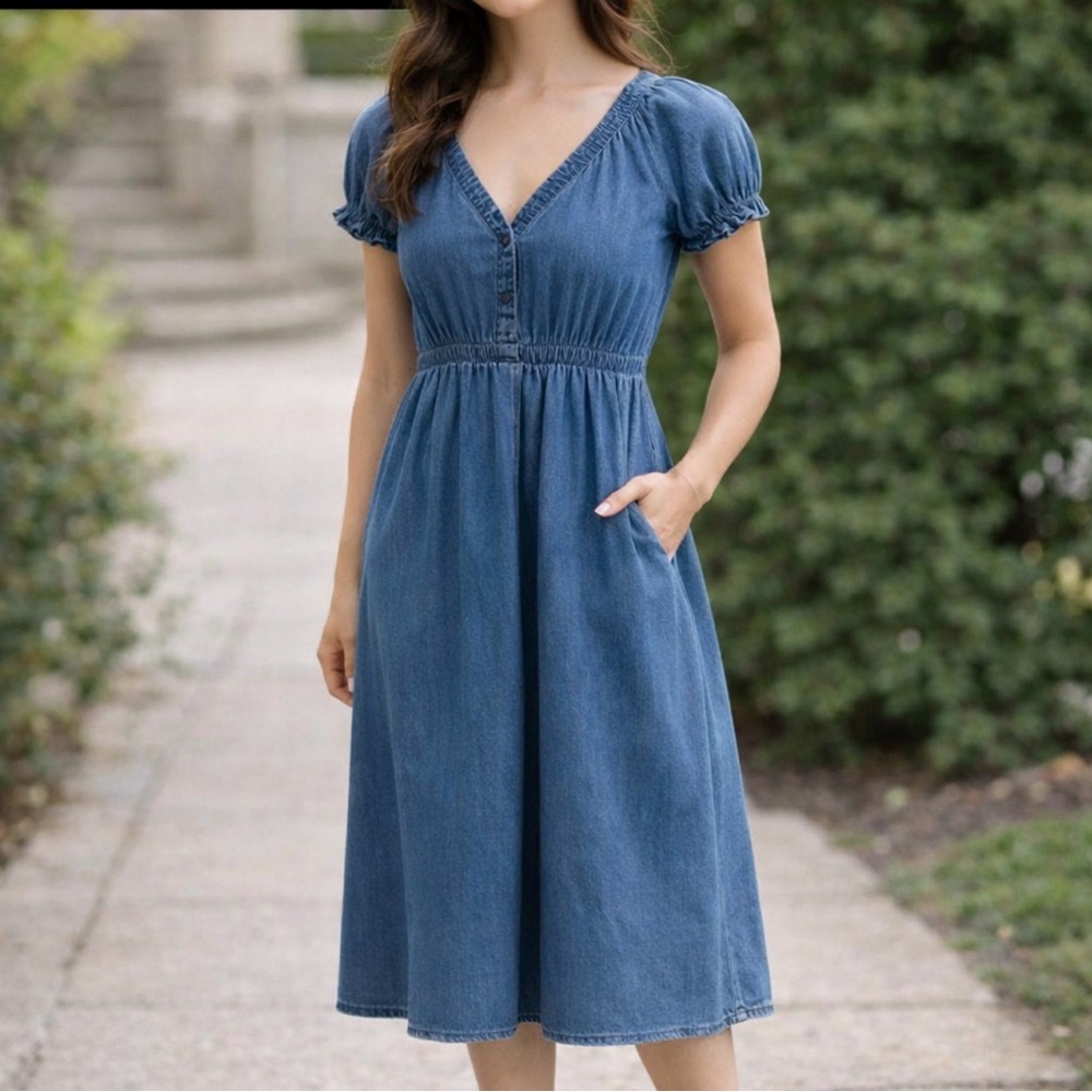 GAP Blue V-Neck lightweight denim Midi dress, elastic waist/neck, size Small - Picture 9 of 9